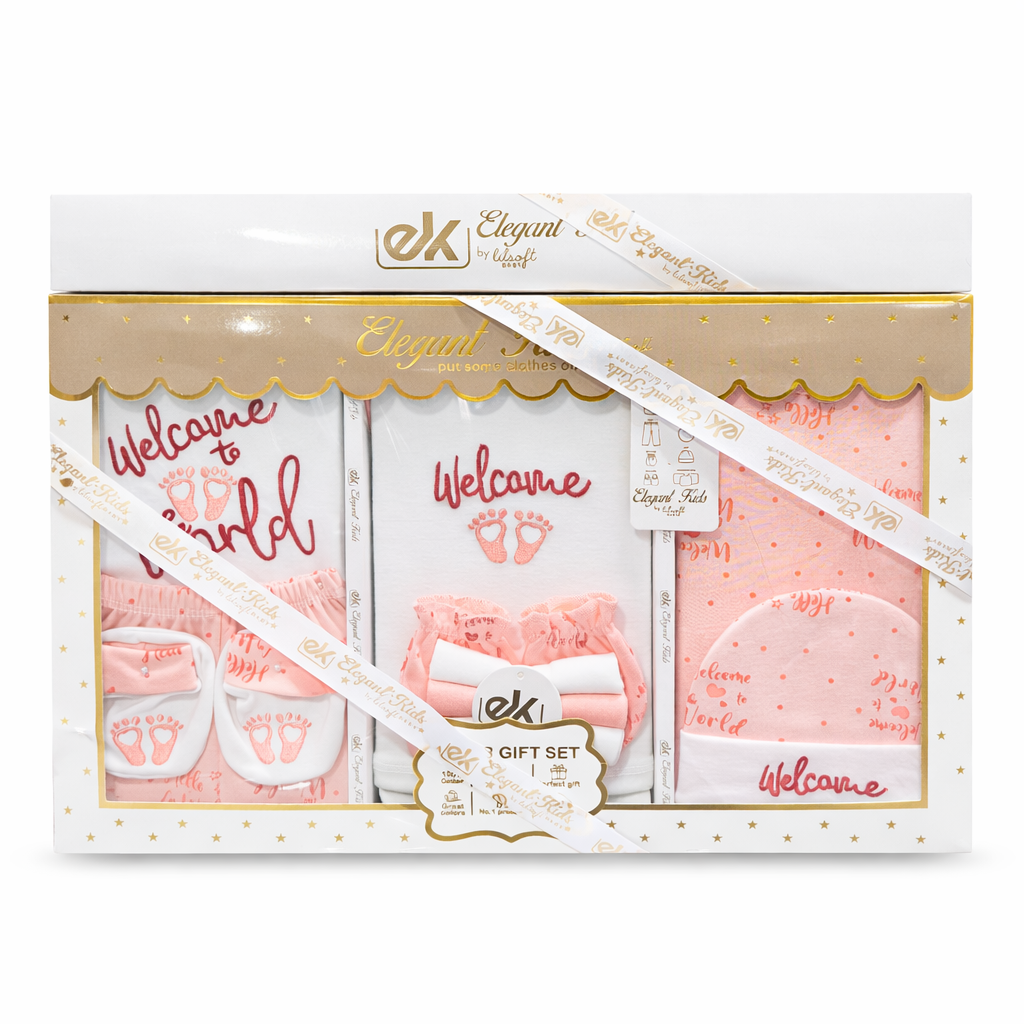 Elegant Kids Welcome to the World 10 Pcs Baby Gift Set | Soft Cotton Pink