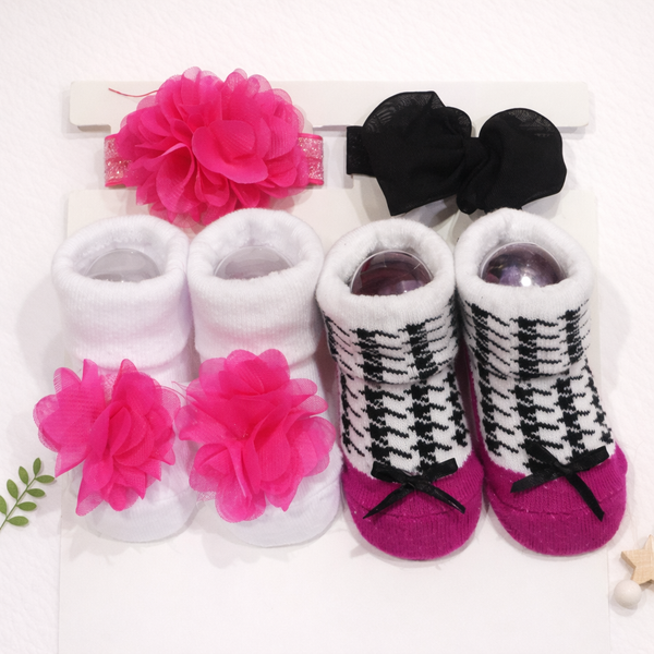 Baby Headband & Socks 4Pcs Set Grey & Pink