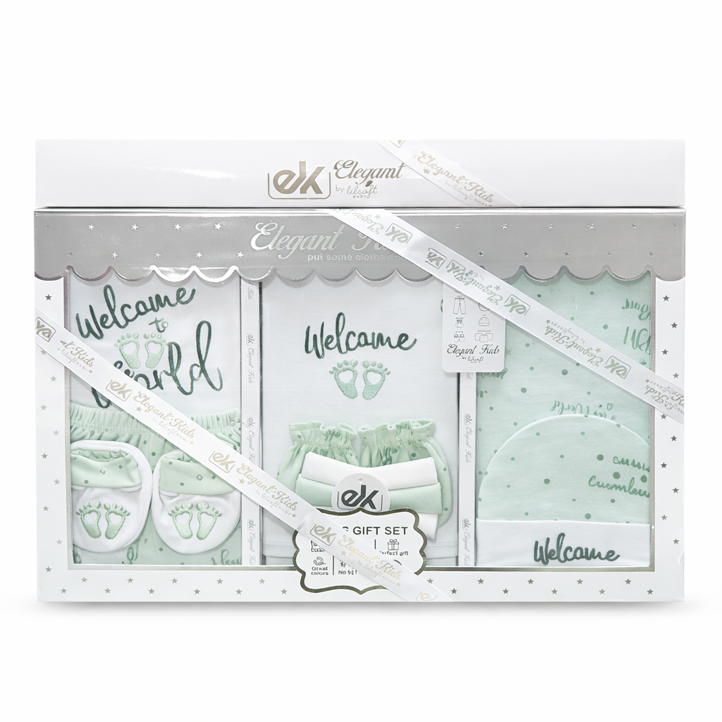 Elegant Kids Welcome to the World 10 Pcs Baby Gift Set | Soft Cotton Green