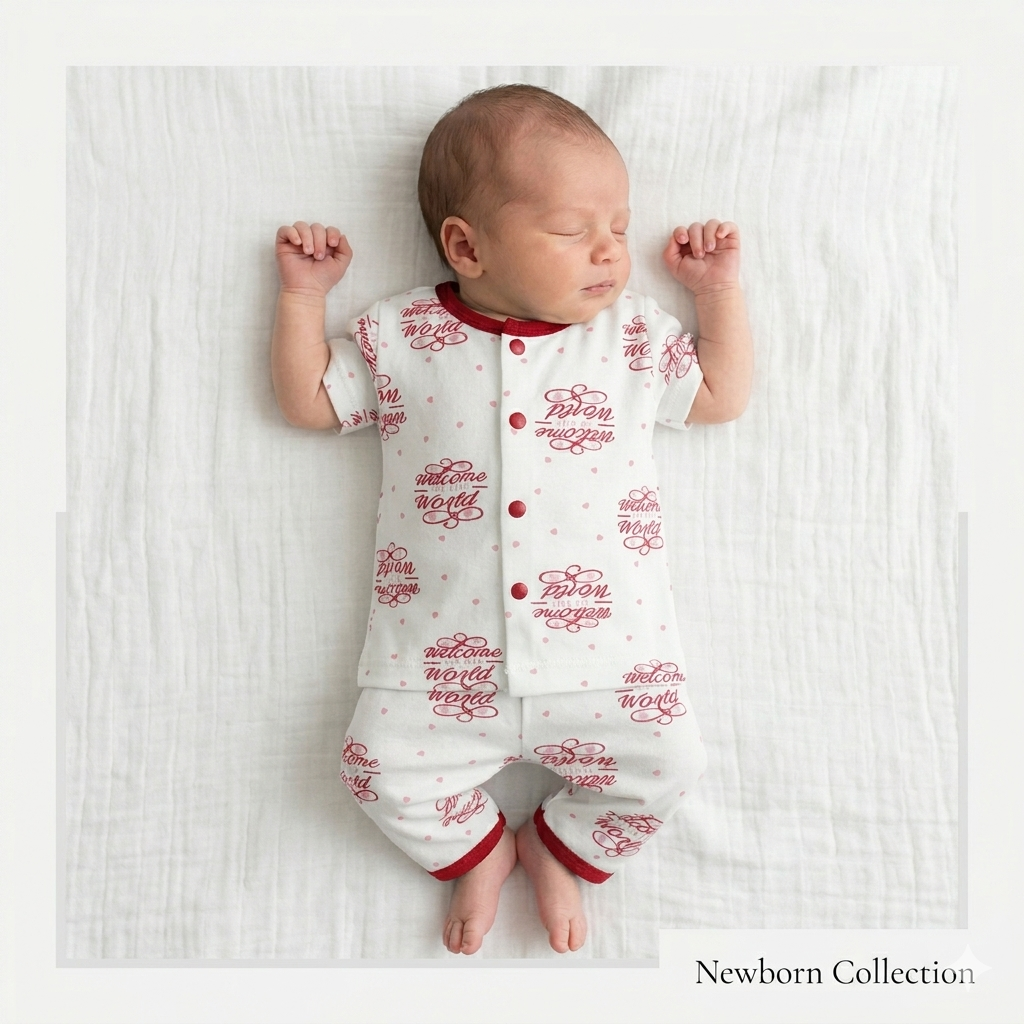 "Kidzo white and dark red newborn baby suit with 'Welcome to the World' print, 0 to 3 months size, 2-piece clothing set."