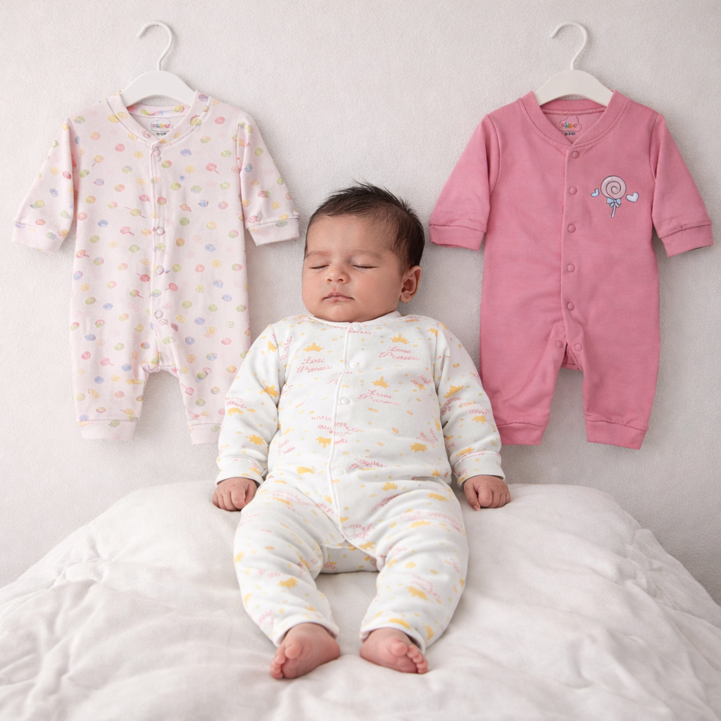 Kidzo 3 Pcs Newborn Baby Romper Suit Set | Soft Cotton | 0–9 Months