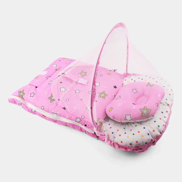 Baby Bedding Set with Mosquito Net & Pillow – Comfortable, Safe & Portable (Pink | Grey | Blue)