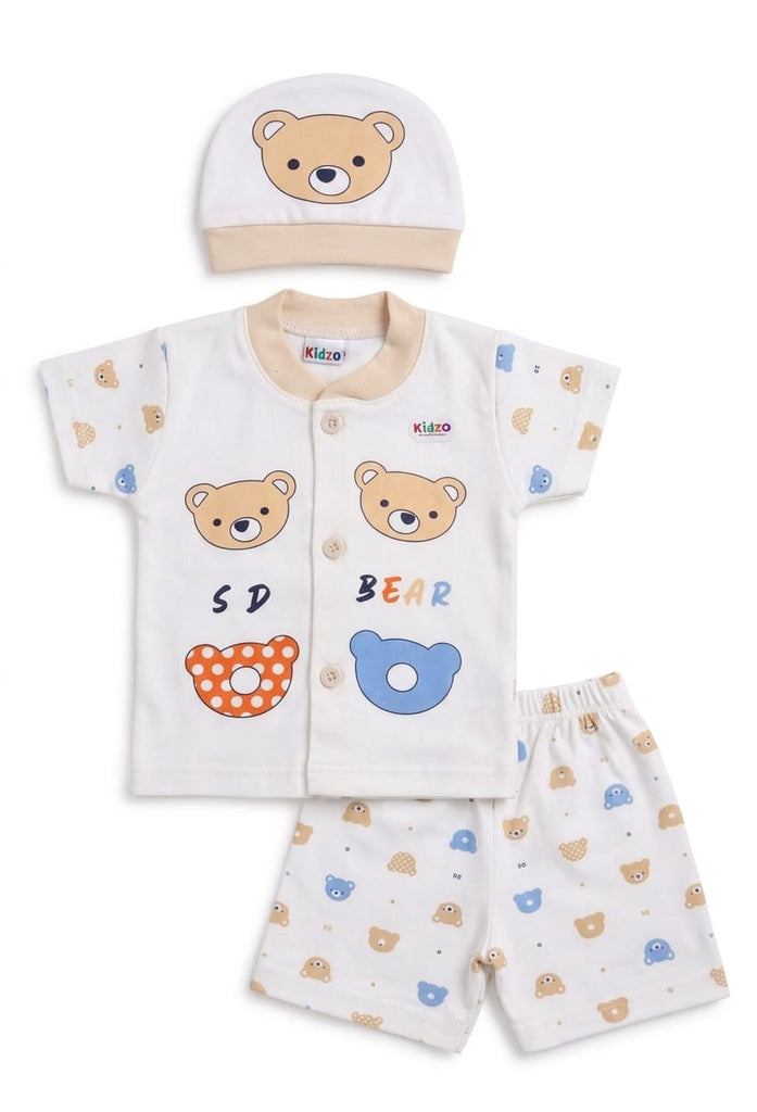 Baby outfit set with shirt, shorts, and hat featuring teddy bear designs on a white background.