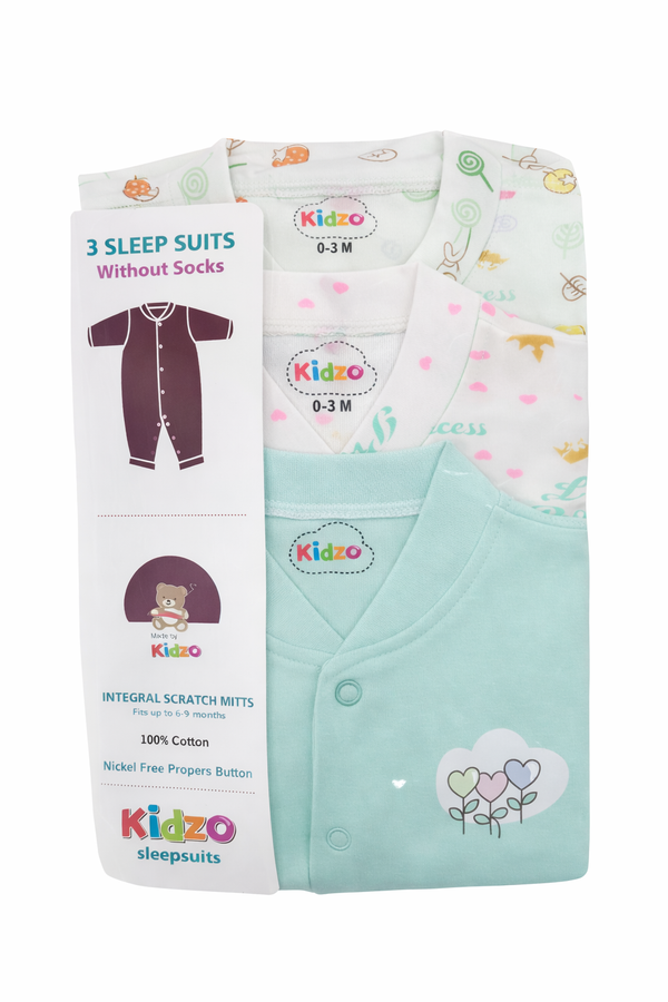 Kidzo 3 Pcs Newborn Baby Romper Suit Set | Soft Cotton | 0–9 Months