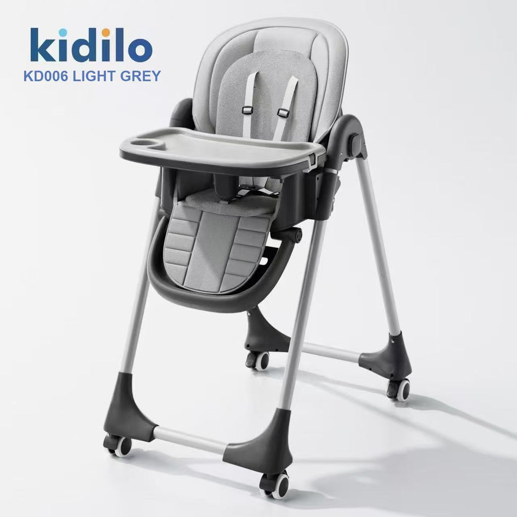 Light grey high chair with 'kidilo' branding on a white background