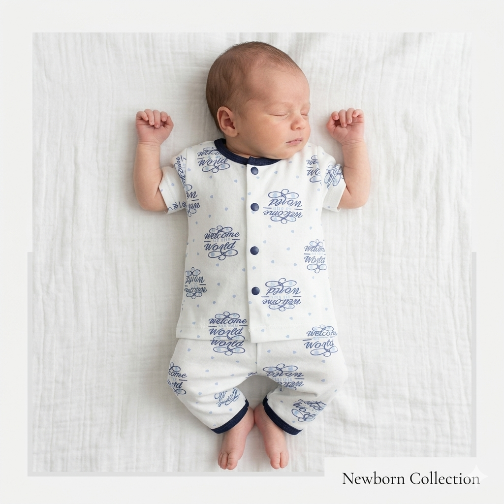 Newborn baby wearing a white outfit with blue text on a white background