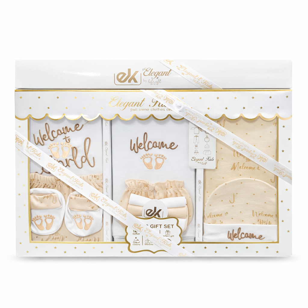 Elegant Kids Welcome to the World 10 Pcs Baby Gift Set | Soft Cotton Biege